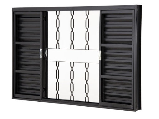 Janela De Aço Veneziana Com Grade Metalúrgica Neves 100x100cm