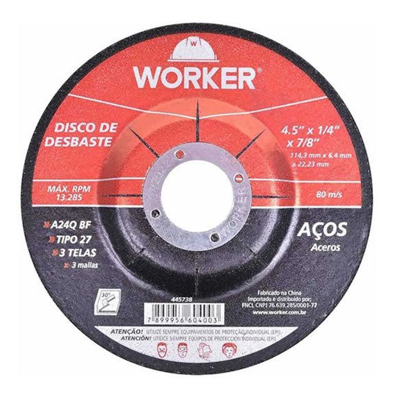 Disco de Desbaste Worker 4.1/2" x 1/4" x 7/8" para Aço e Metais