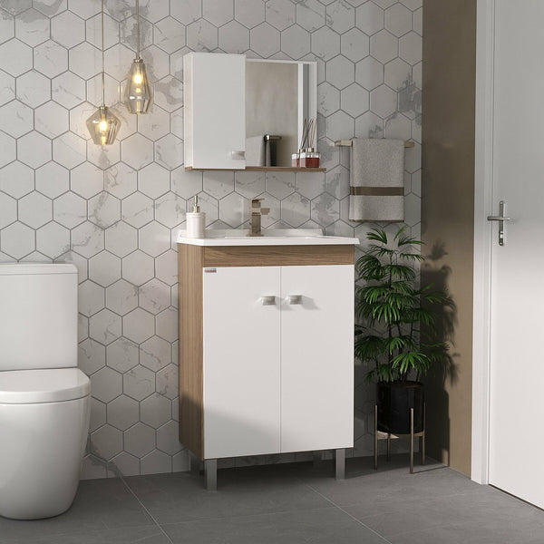 Kit Gabinete Com Pés 60cm Nogal E Branco Fabribam