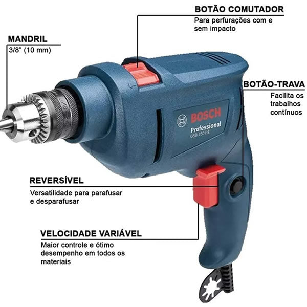 BOSCH FURADEIRA IMP GSB 450 RE 450W 220V 3 BROCAS