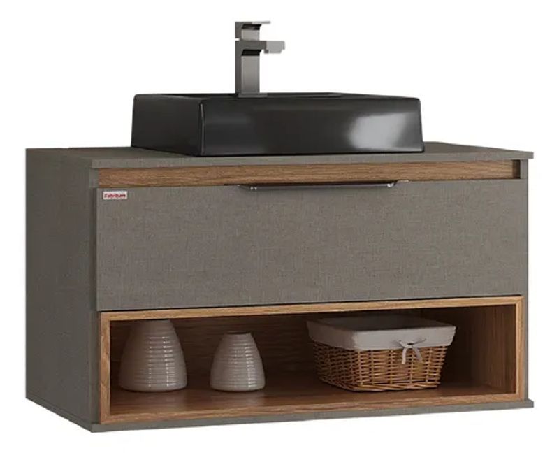 Conjunto Suspenso Fabribam Isadora 80cm com Cuba Quadrada Preta Grigio