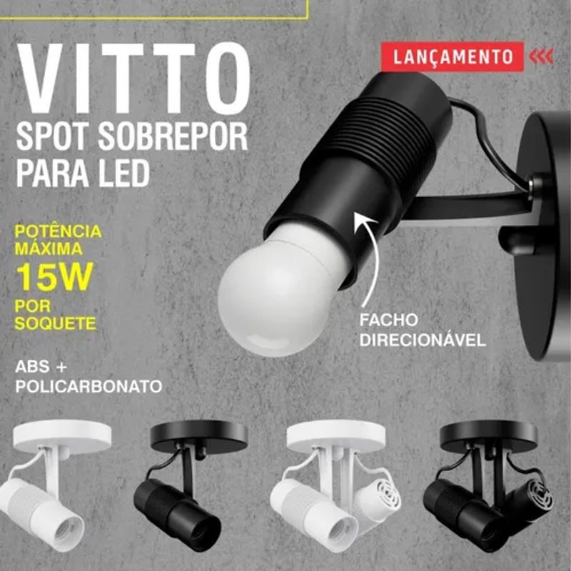 Spot Taschibra de Sobrepor Vitto 1x E27 Preto Para Lâmpada LED