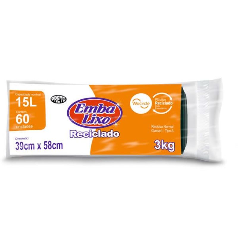 Saco Para Lixo Preto 15 Litros, Rolo Com 60 Peças Embalixo