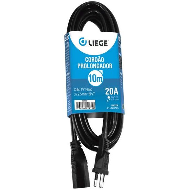 Cordão Prolongador PP 3 x 2.50 mm, 10 Metros, 20 Amperes, Preto Liege