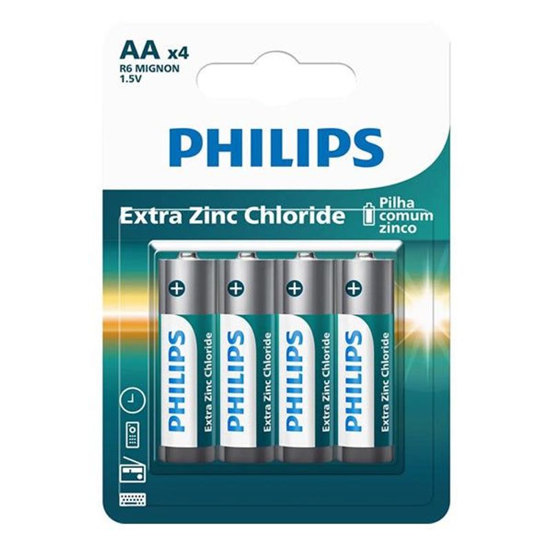 Pilha de Zinco Philips AA, 4 Unidades