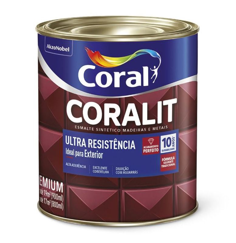Tinta Esmalte Sintético Coralit Ultra Resistência Alto Brilho, Vermelho, 900ml