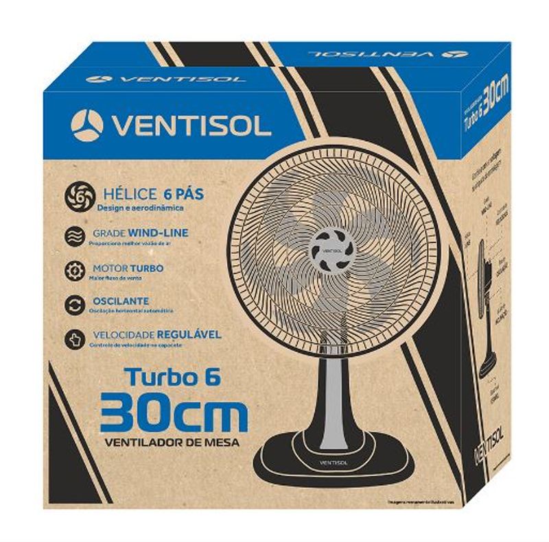 Ventilador de Mesa Ventisol Oscilante Turbo, 6 Pás, 30cm, Azul e Cinza, 127V