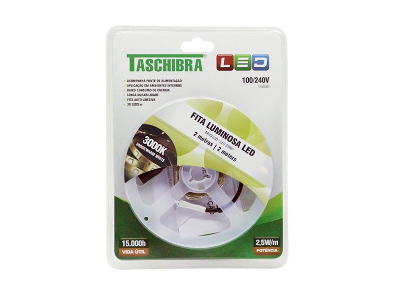 Fita LED 2,5W 30 LEDs/m 2 Metros 12V Com Fonte Autovolt IP20 3000K
