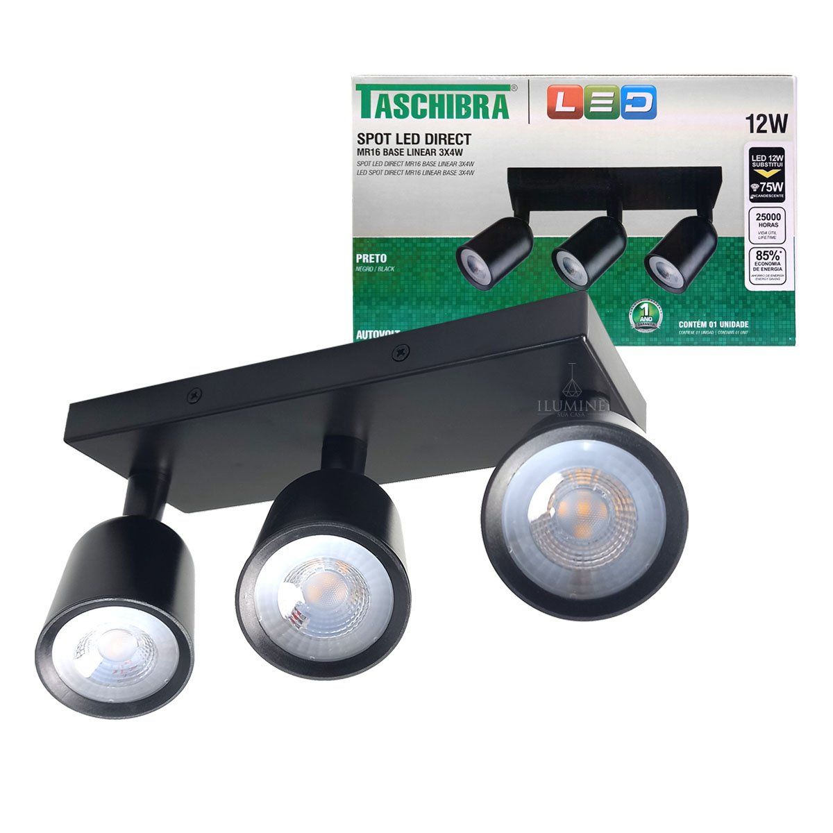 Spot Taschibra Direct Base Linear LED MR16 3x4W 3000K Preto
