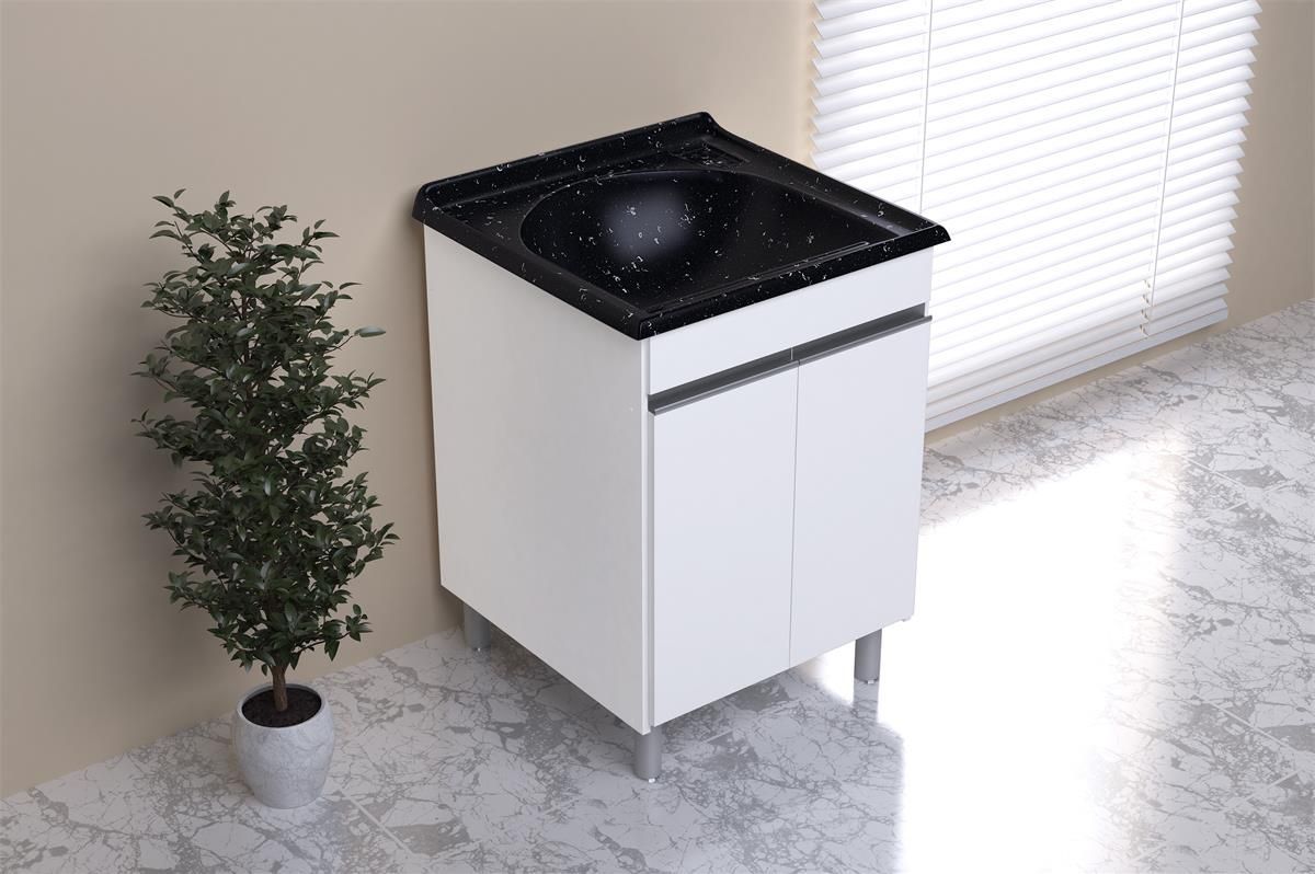 Armário de Lavanderia Amélia 60cm Branco com Tampo Preto