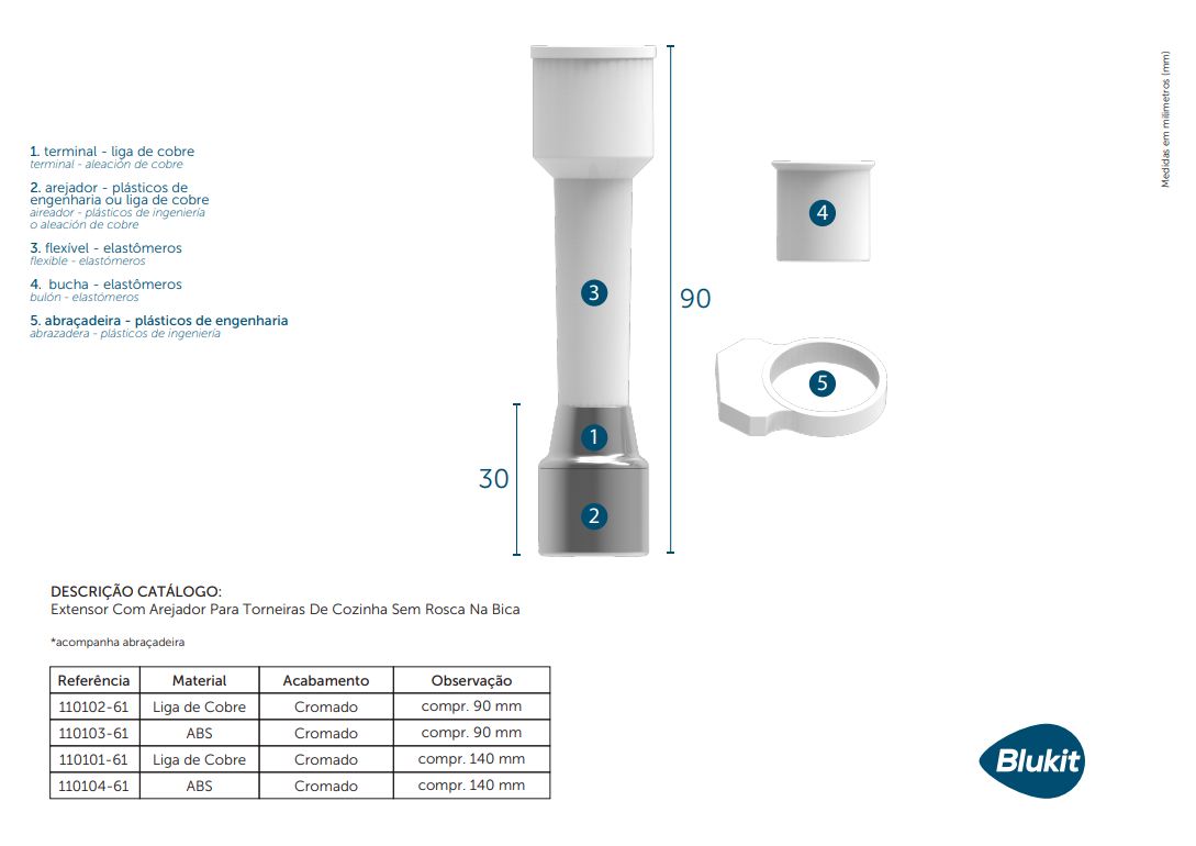 Extensor Branco Com Arejador Para Torneiras Sem Rosca Blukit 110104 - 14cm