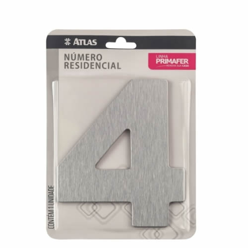 Número Residencial Adesivo 4 Atlas Alumínio Escovado 12,5cm