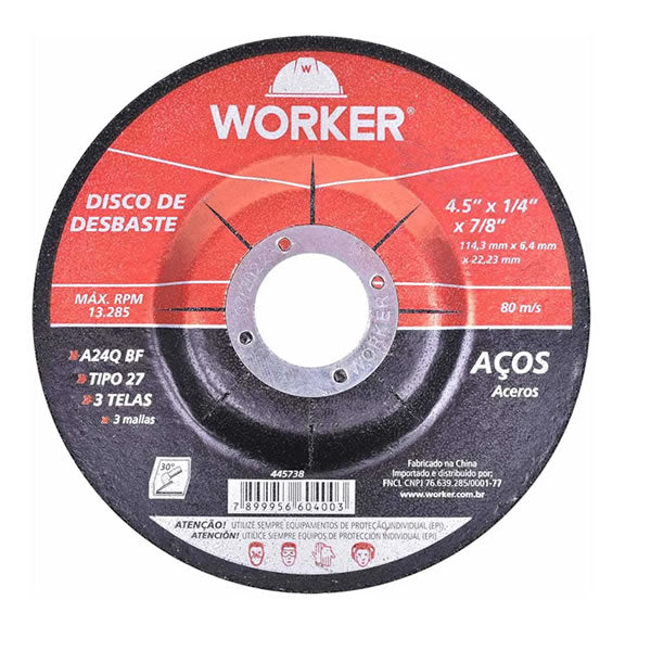 Disco de Desbaste Worker 4.1/2 Pol x 1/4 Pol x 7/8 Pol Tipo 27