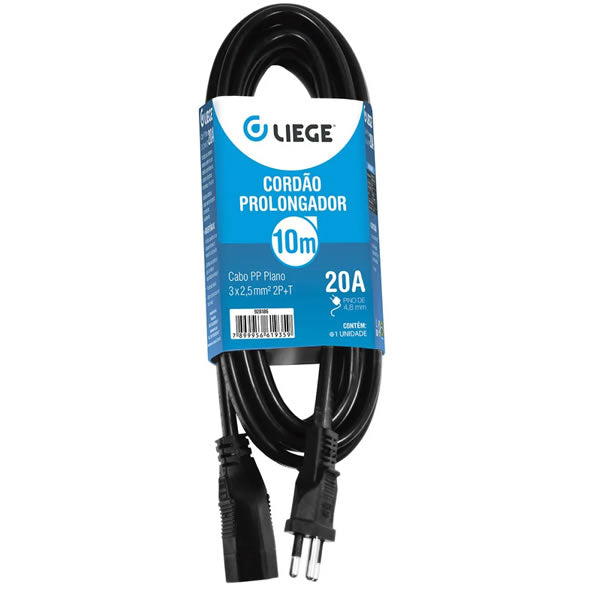 Cordão Prolongador PP 3x2.5mm 10m 20A Preto Liege