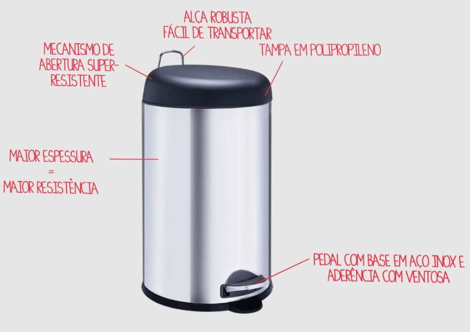 BRINOX LIXEIRA INOX C/ PEDAL TAMPA PRETA 5 LT