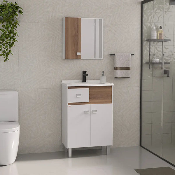Gabinete para Banheiro Pop - 60 - Branco com Nogal Kit