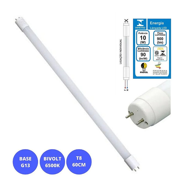 Lâmpada led tubo t8 10w 6500k bivolt vidro g13