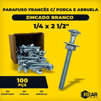 Parafuso francês 1/4 x 2.1/2 zincado com porca e arruela