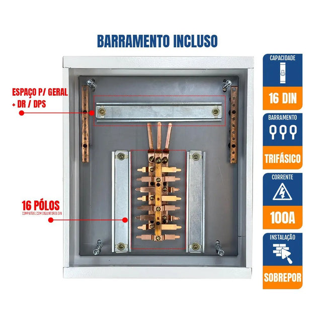 Quadro de distribuição 16 disjuntores sobrepor